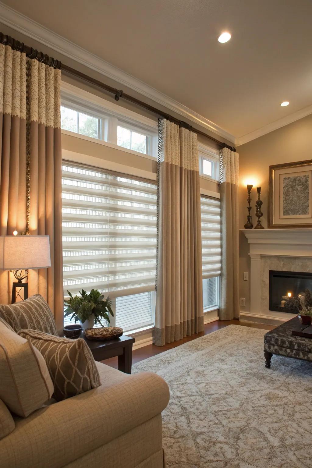 Layering blinds with drapes offers elegance and illumination control.