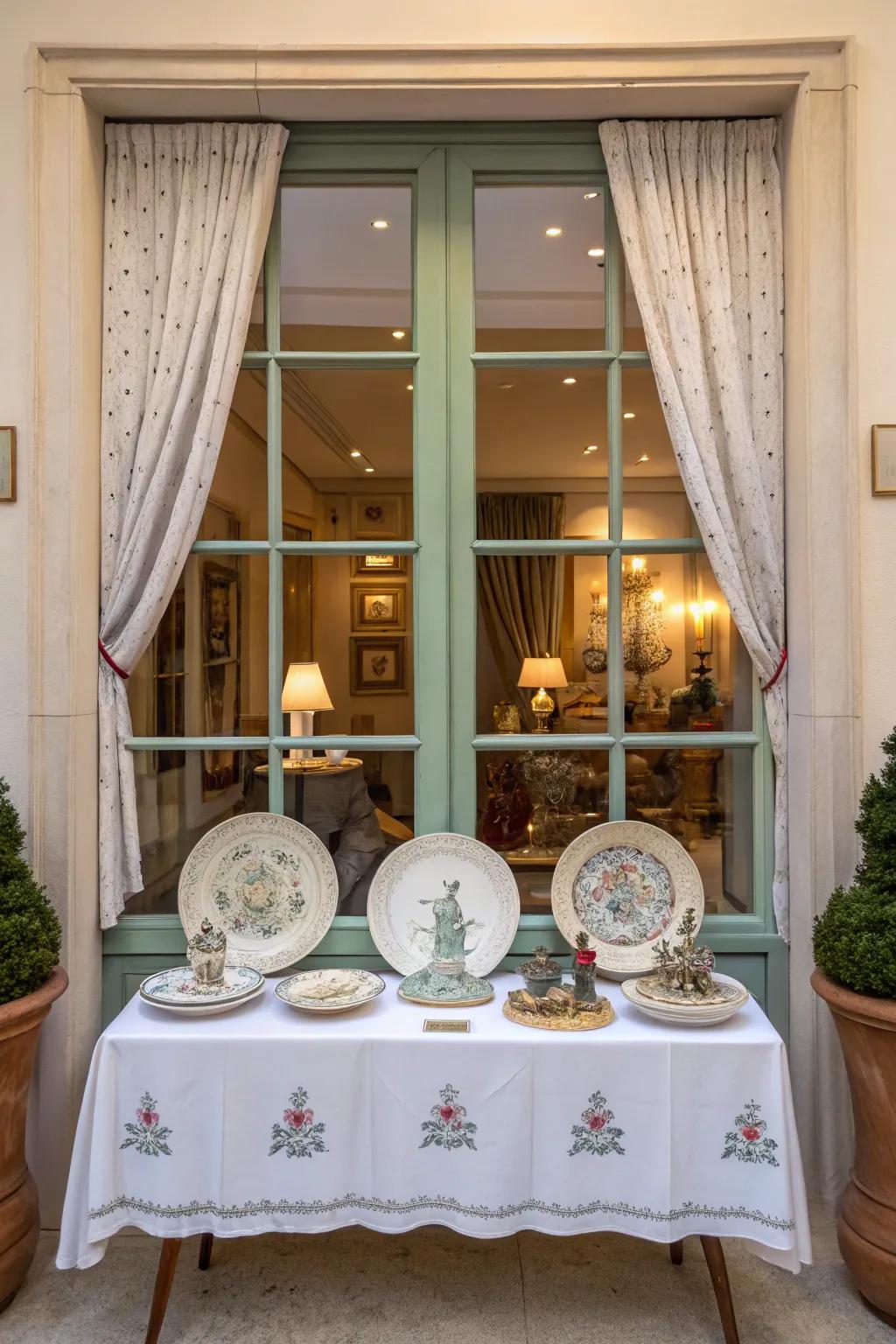 Ornamental props enhance the visual attraction of this window.