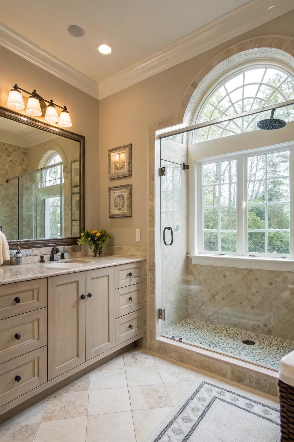 A transom window delicately provides natural light high within the shower area.