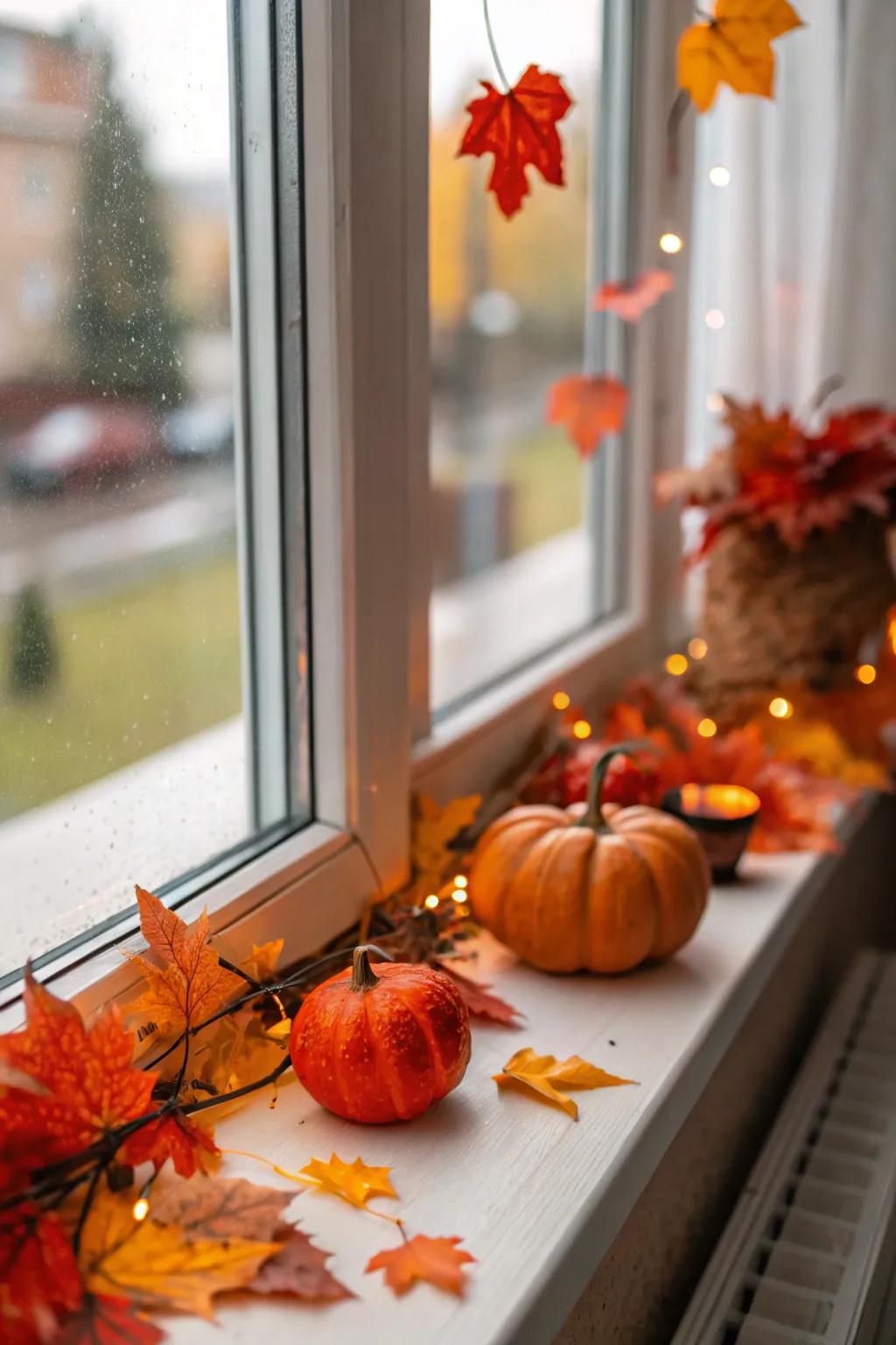 Seasonal decor with pumpkins and fall leaves on a windowsill.
