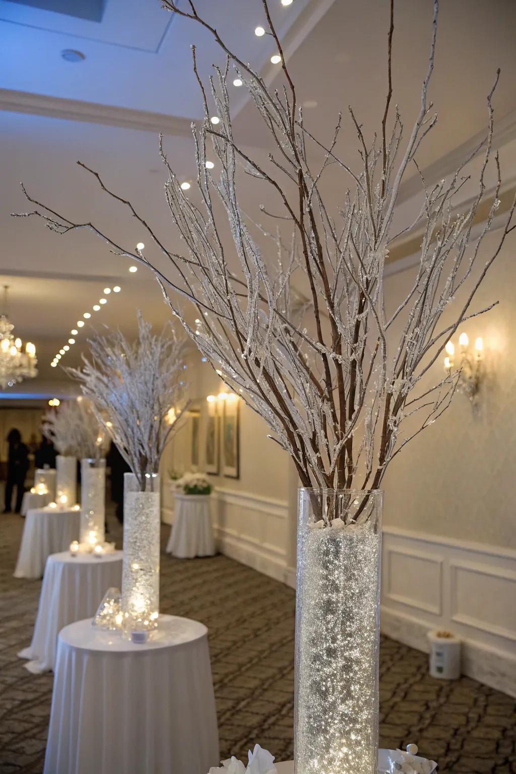 Snow-laden branches contribute a fragment of nature indoors.