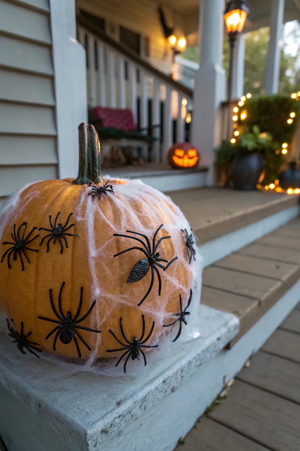Jack-o'-lantern enshrouded in eerie arachnid webs.