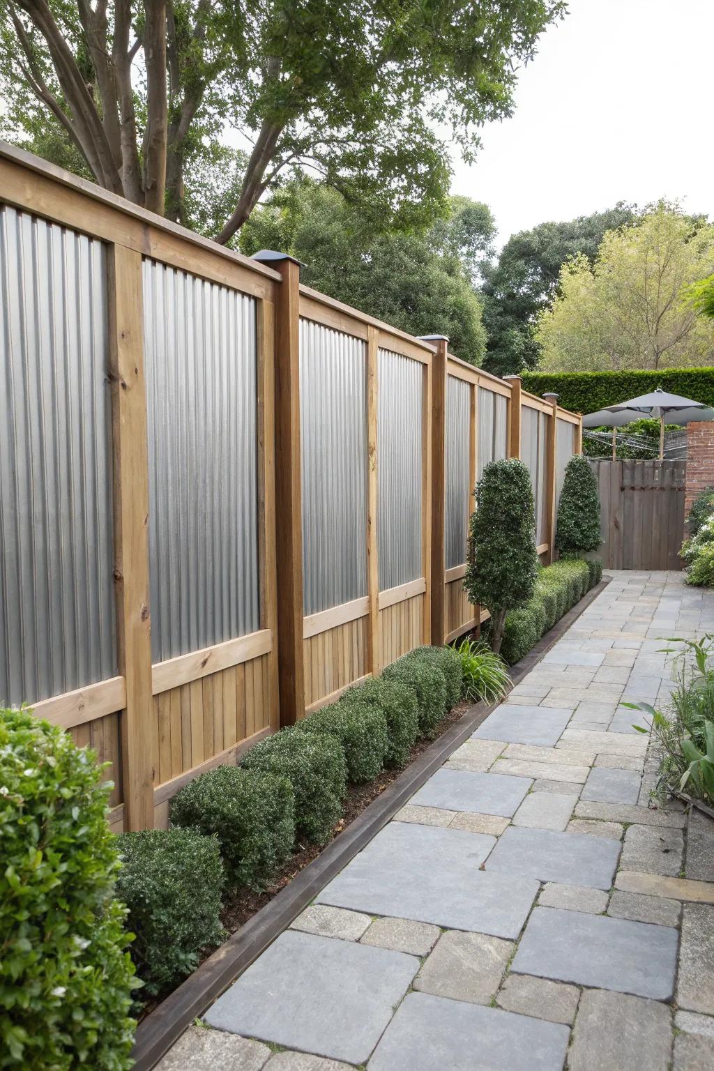 A modern-rustic fence with grooved metal and wood borders.