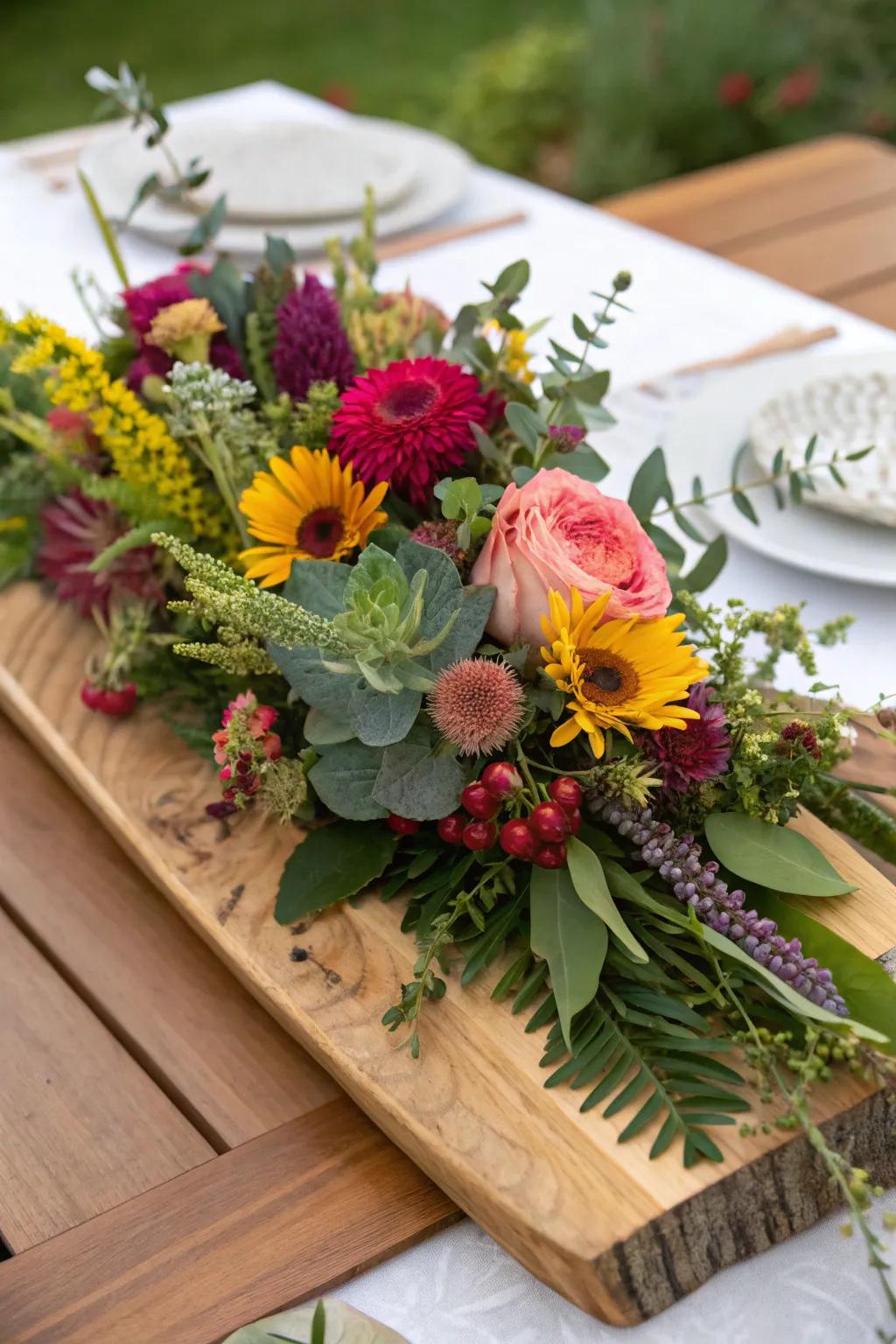 Elevate your floral displays with a wood board base.