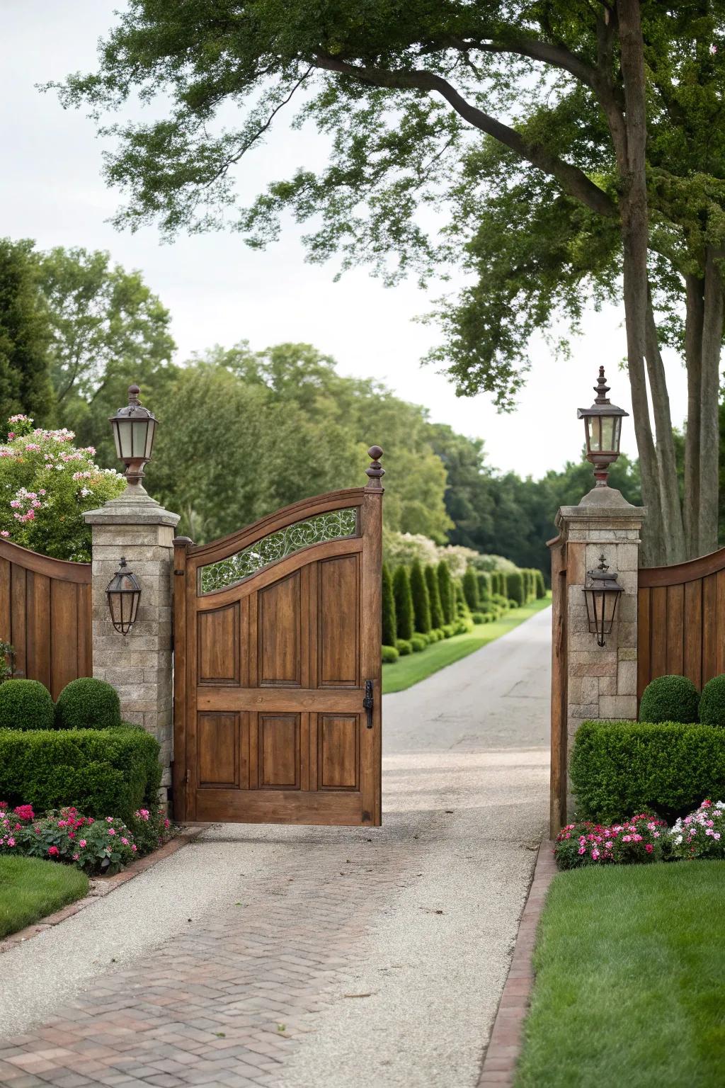 Double wood gates establish a grand and functional entryway.
