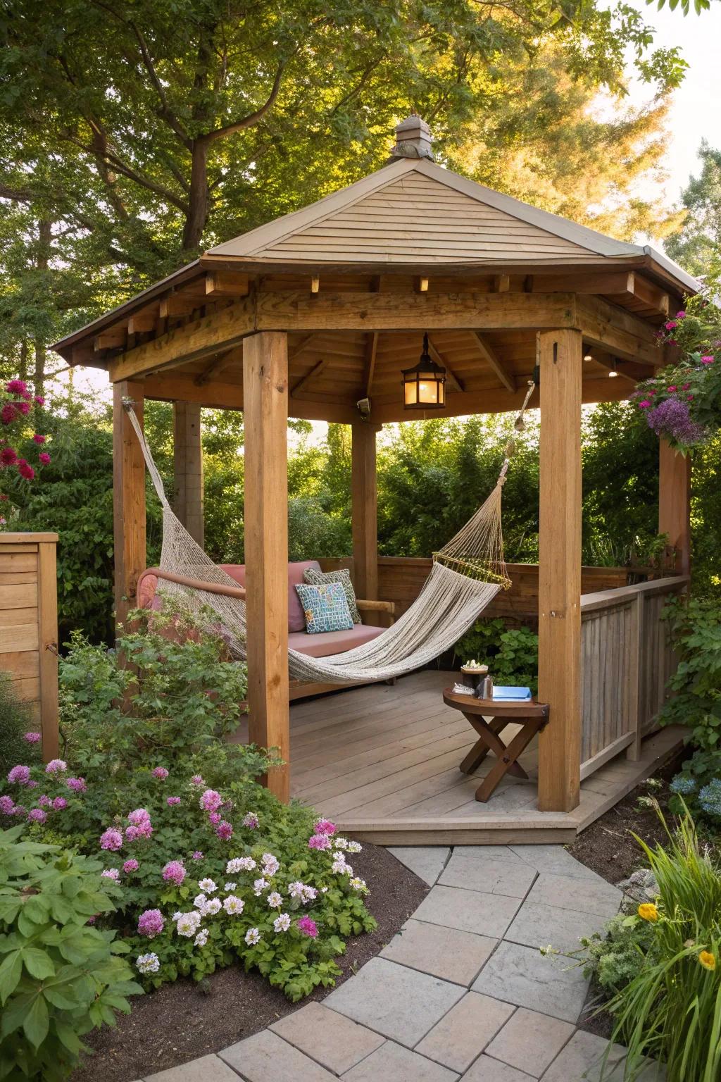A delightful timber gazebo perfect for serene relaxation.
