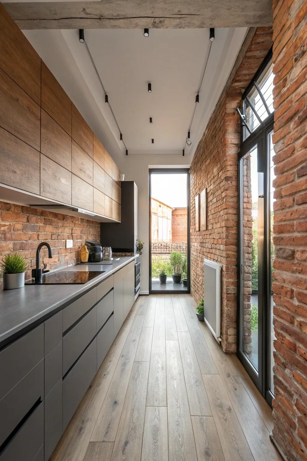 A modern kitchen exhibiting a versatile brick bond wood floor.