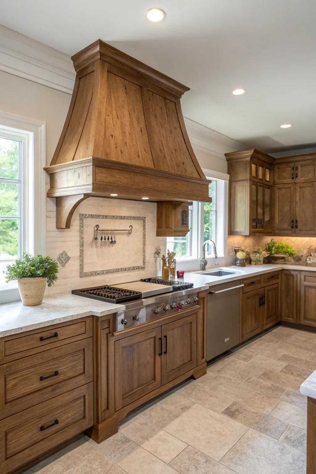 Incorporate timber chimney hoods alongside cupboards for a seamless layout.
