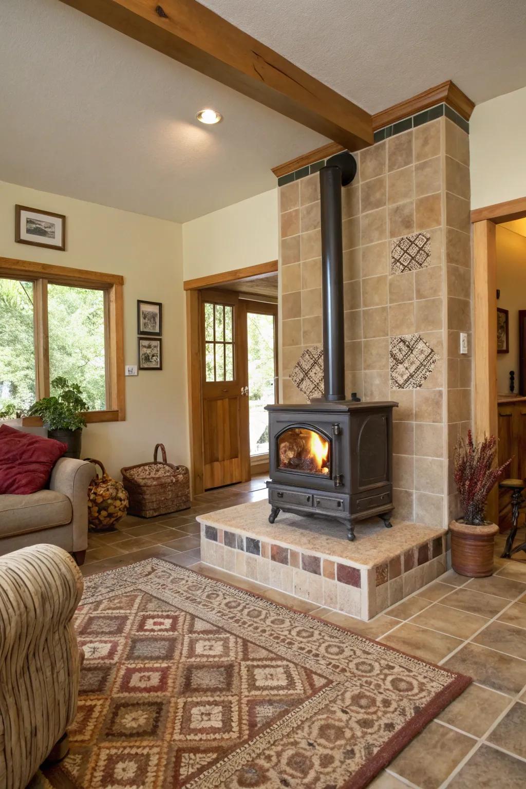 Earthy tiles give a peaceful, nature-inspired atmosphere to your wood-burning stove space.