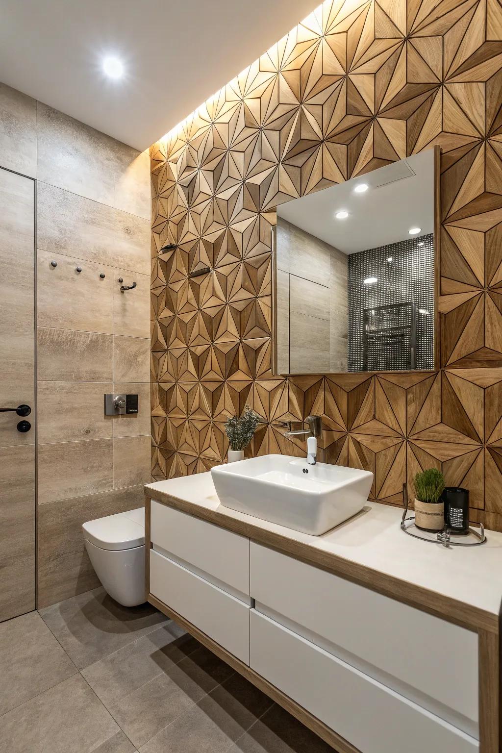 An artistic influence with patterned wood finish in a contemporary bathroom.