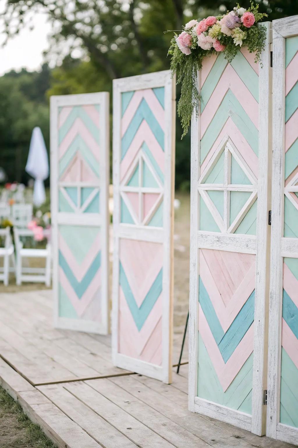 Geometric timber panels inject a contemporary vibe into wedding decor.