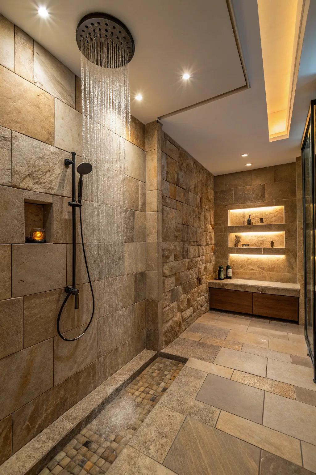A rainfall shower enriches the calming aspect of any zen bathroom.