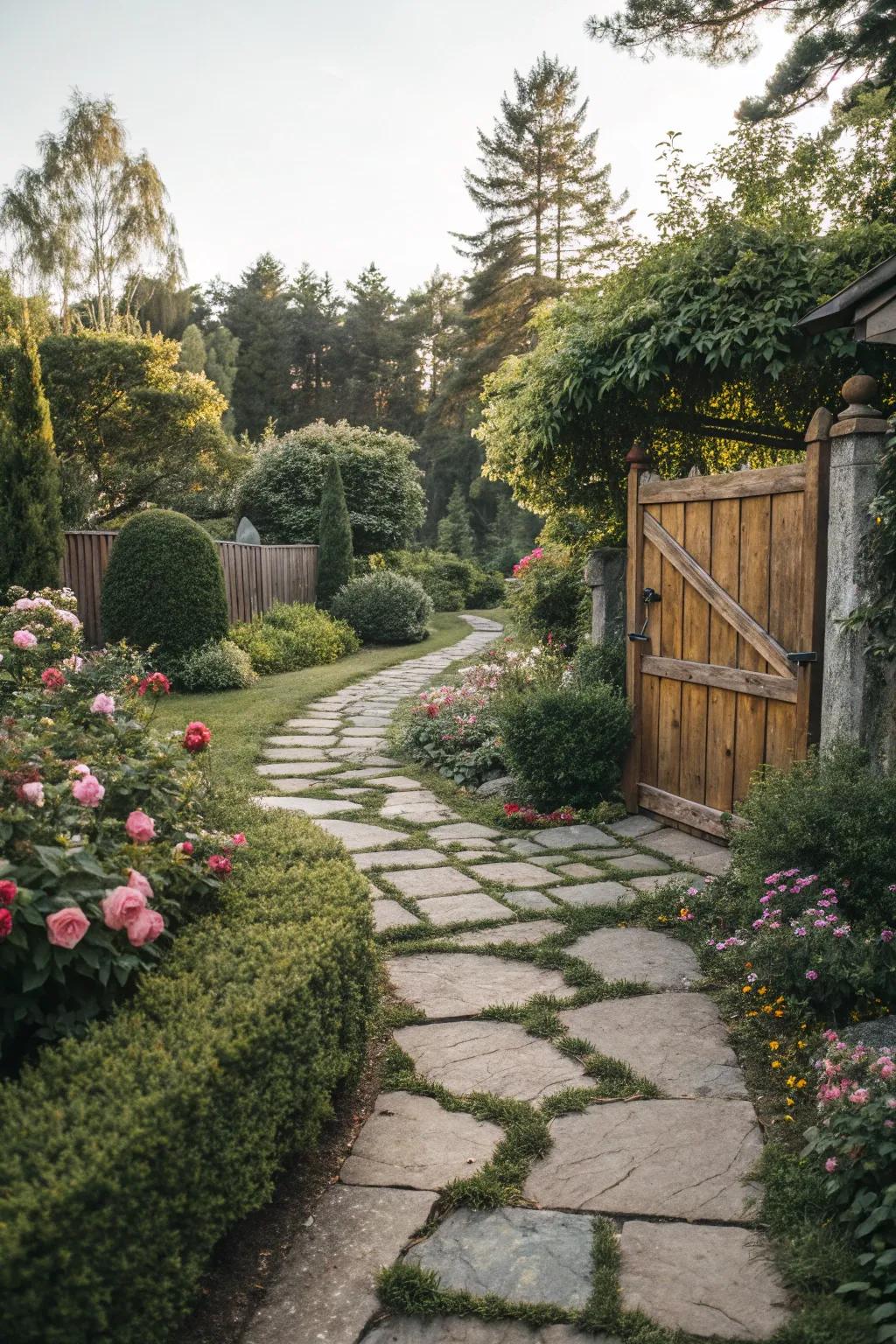 A charming flagstone trail guiding through a beautifully landscaped garden.
