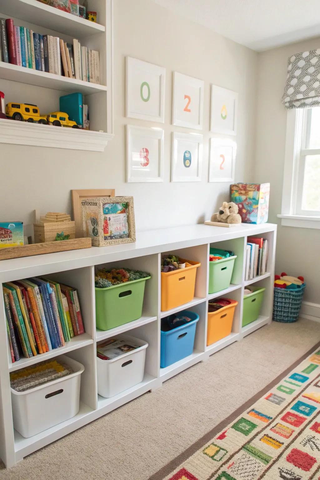 Practical storage keeps toys organized and within easy reach.