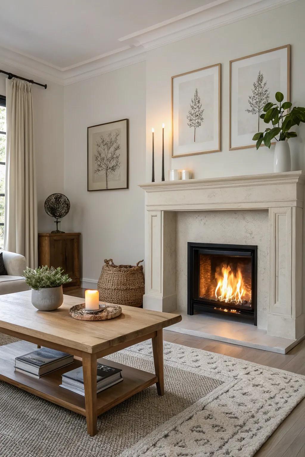 Minimalist decor begets a sleek and contemporary look above the fireplace.