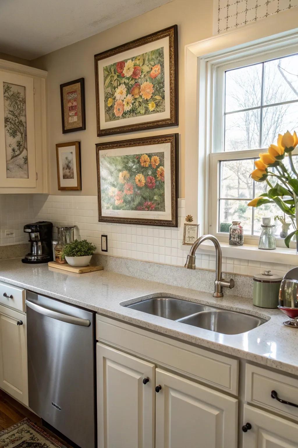 Artwork personalizes and elevates the kitchen atmosphere.