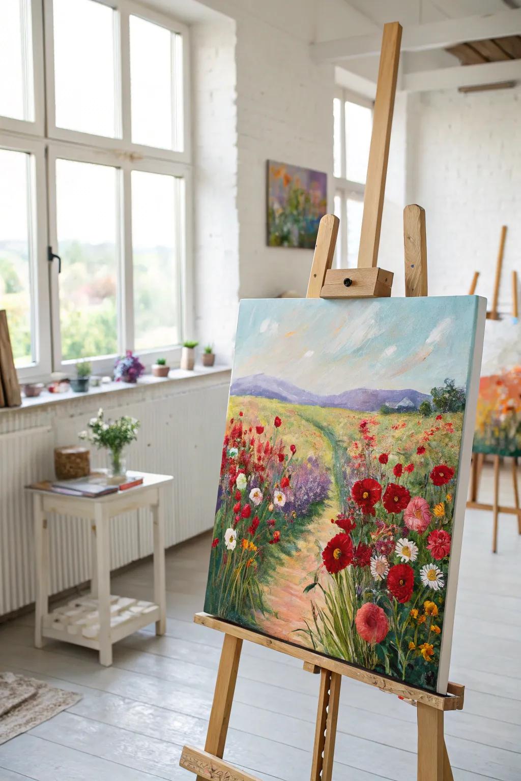 Kaleidoscopic meadow artwork filling the studio with vibrant vitality