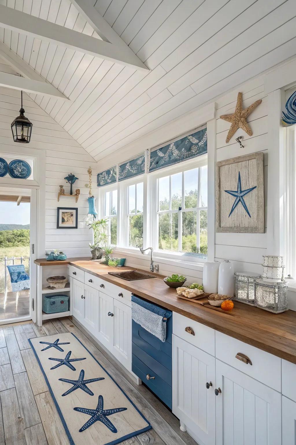 All-white interlocking board ceilings contribute a delightful coastal essence.