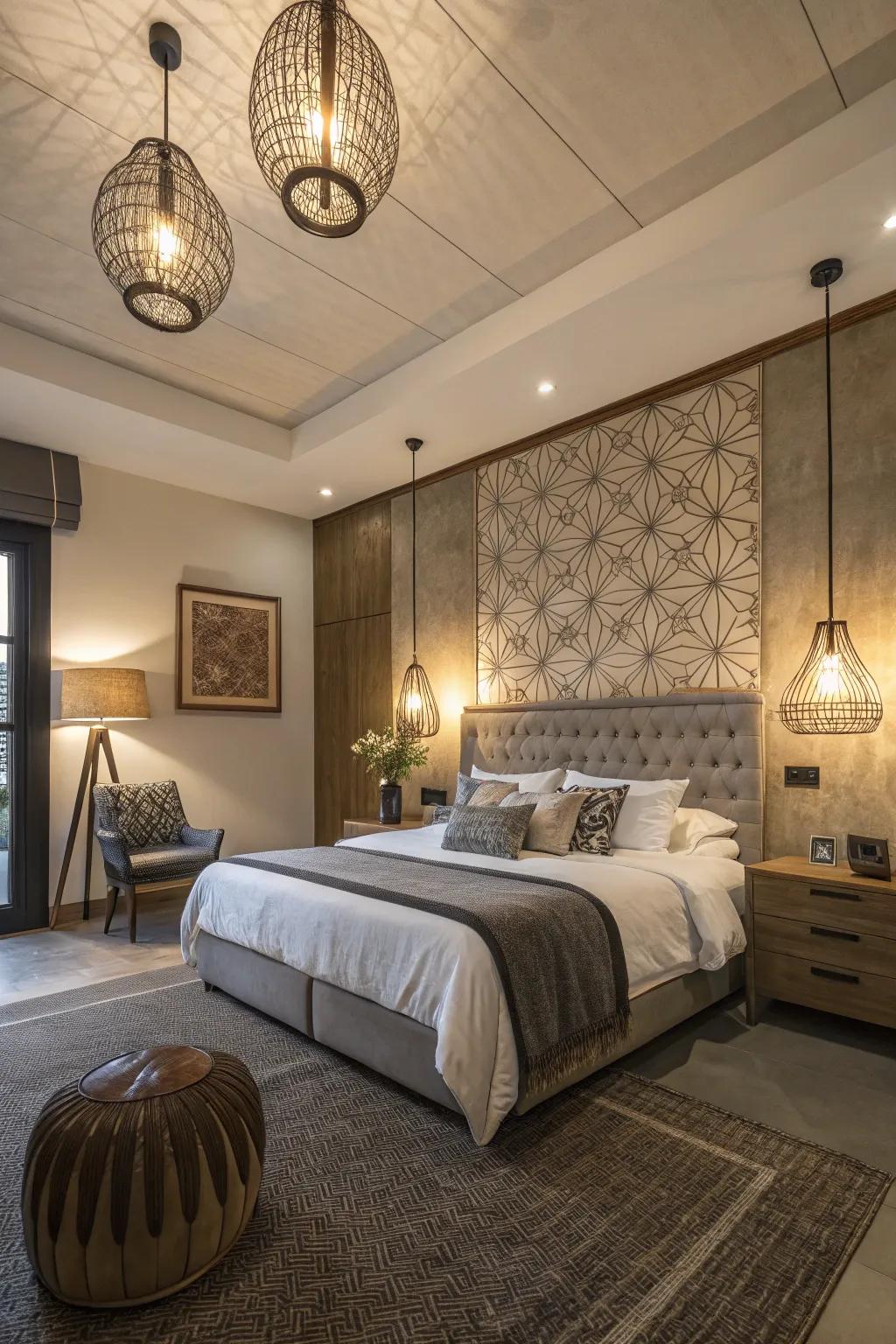 Hanging lights emphasize the featured wall, increasing warmth and focus to the room.