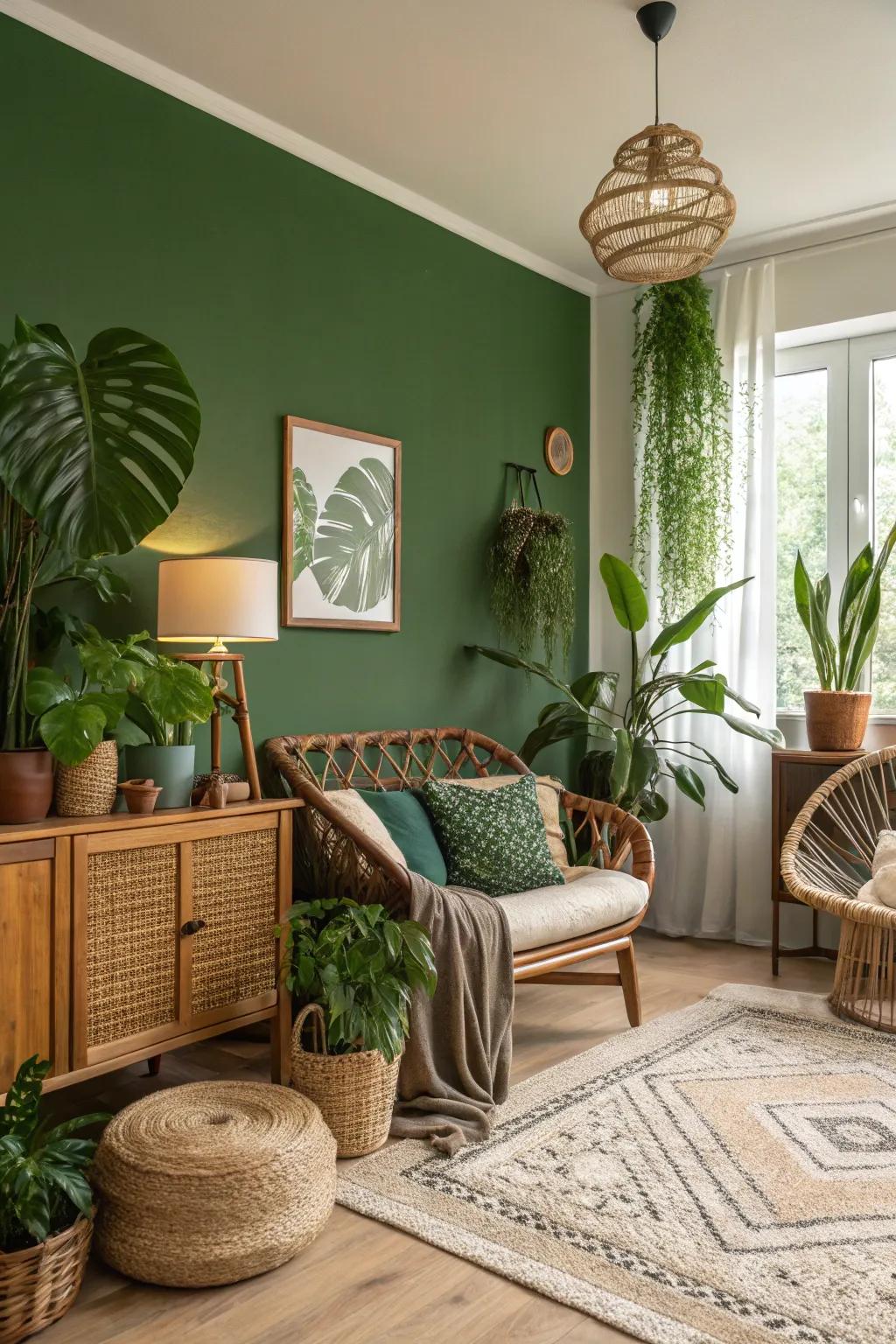A refreshing living area with a green accent wall inspired by nature.