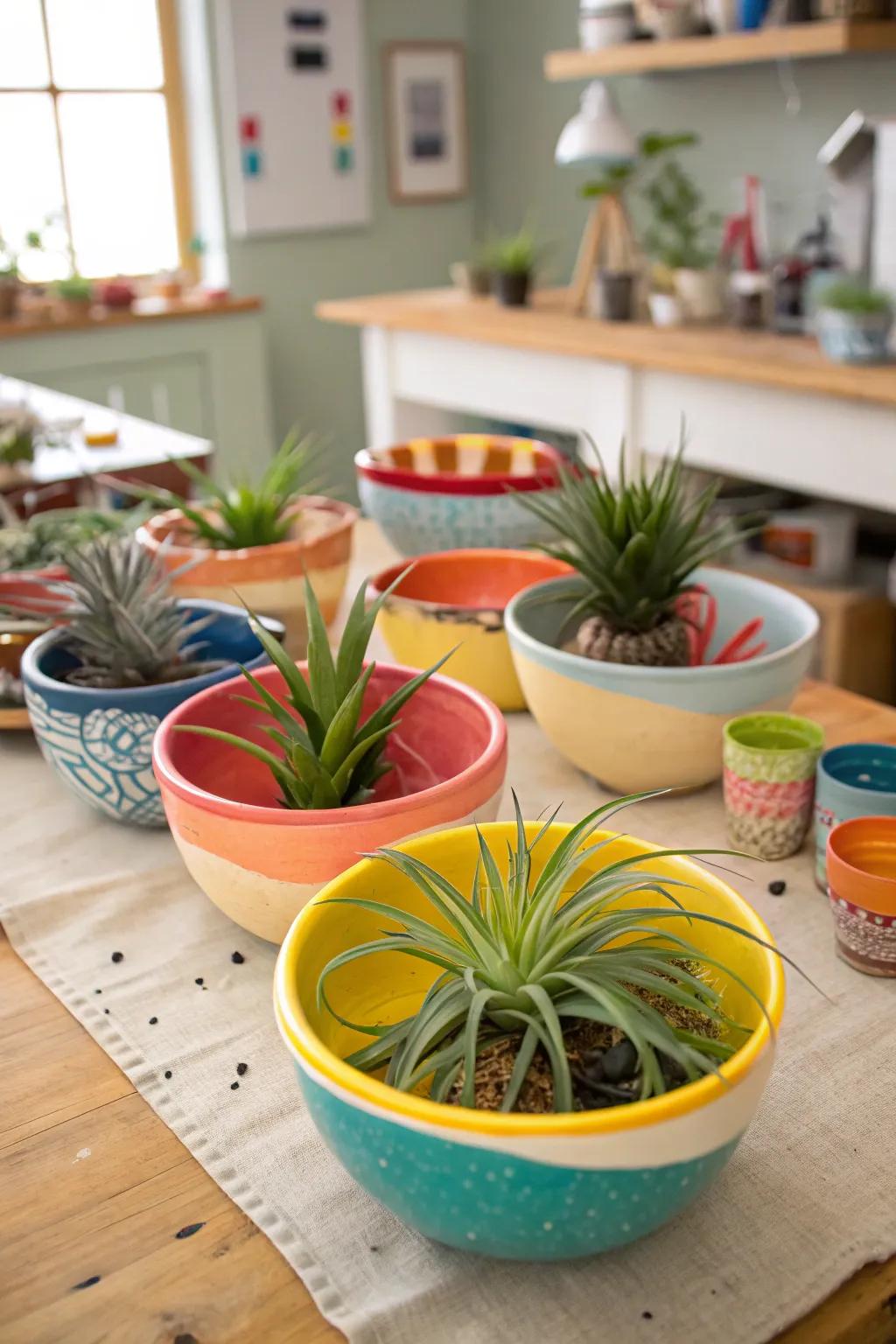 Air plants housed in do-it-yourself clay bowls.