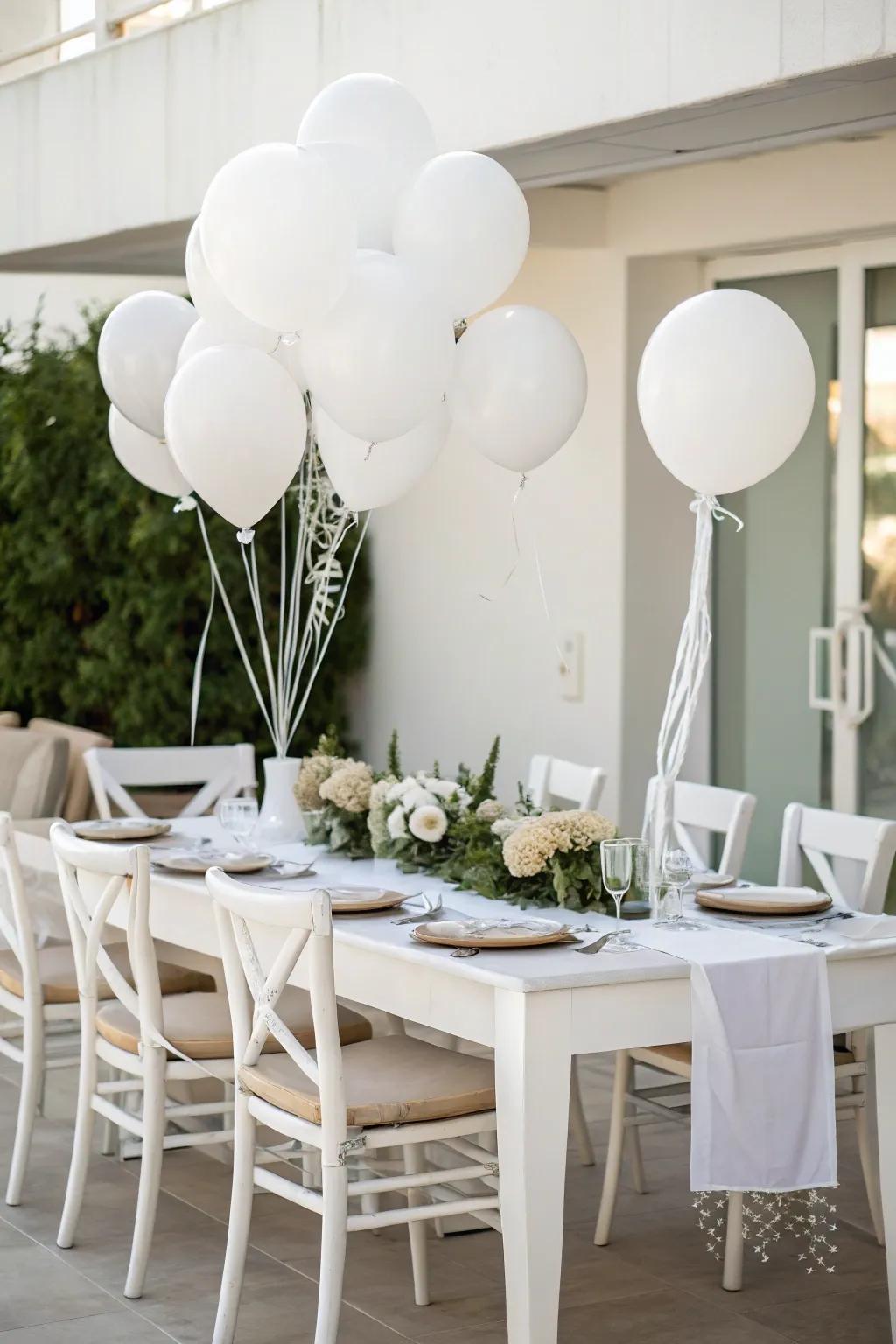 White air spheres add a whimsical charm to the dinner party atmosphere.