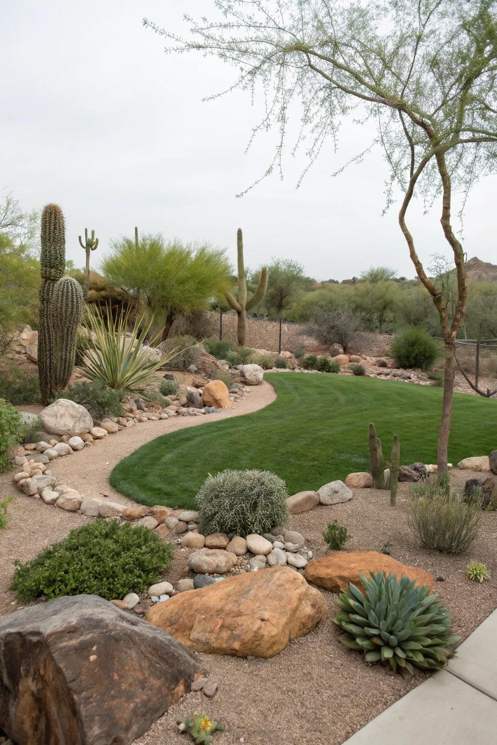Minimalist turf providing a lush contrast in a desert landscape.