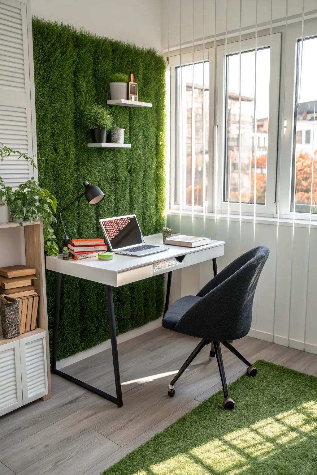 A home office improved by an artificial grass wall, encouraging focus and calmness.