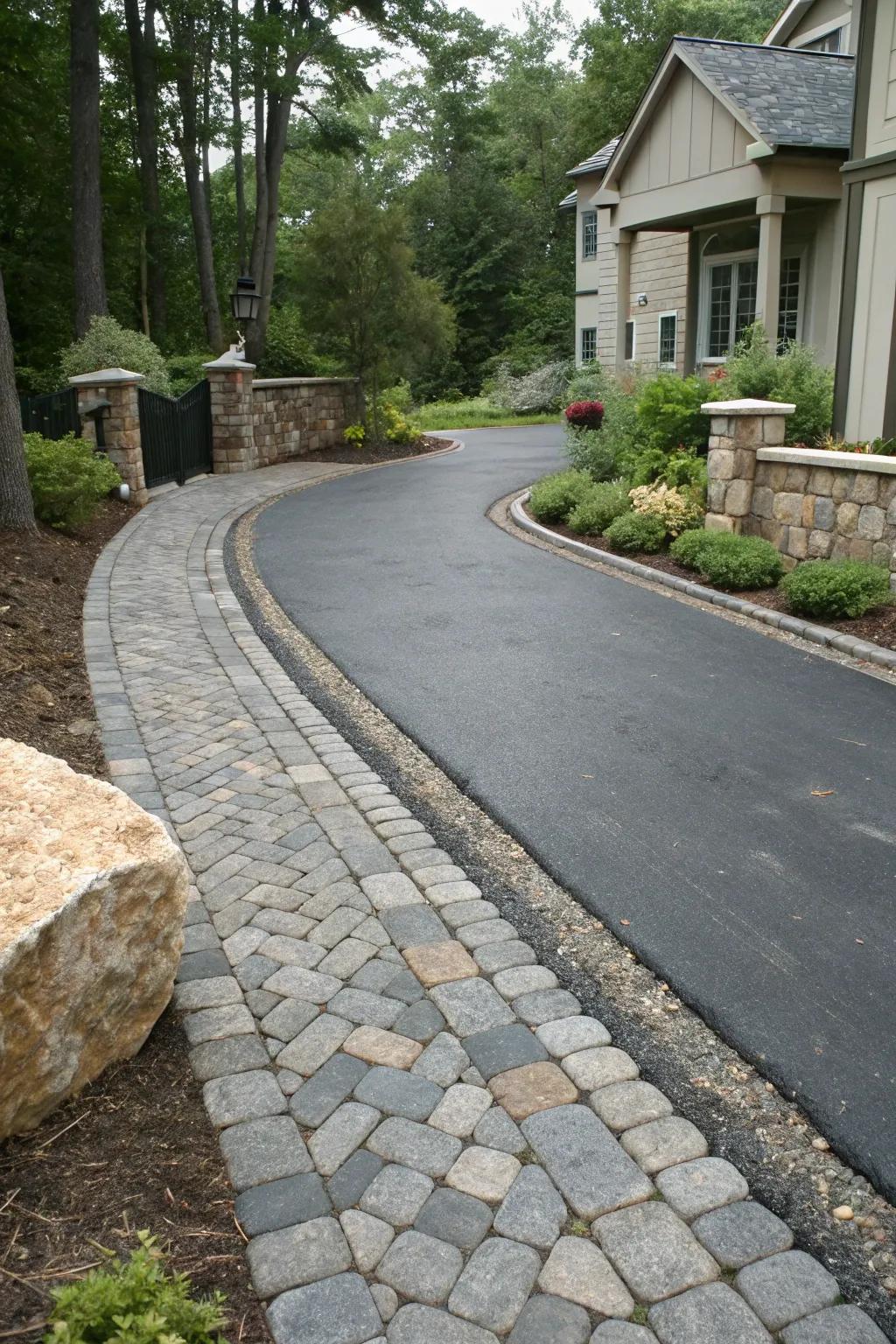 A blend of surfaces adds a special character to this fashionable driveway.