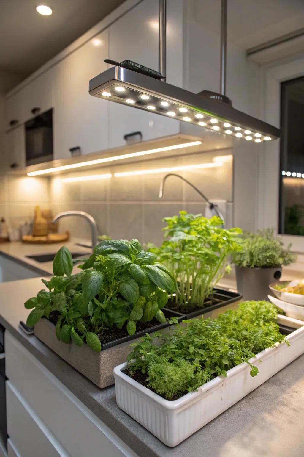 Under-cabinet grow lights augmenting a diminutive herb garden within the kitchen.