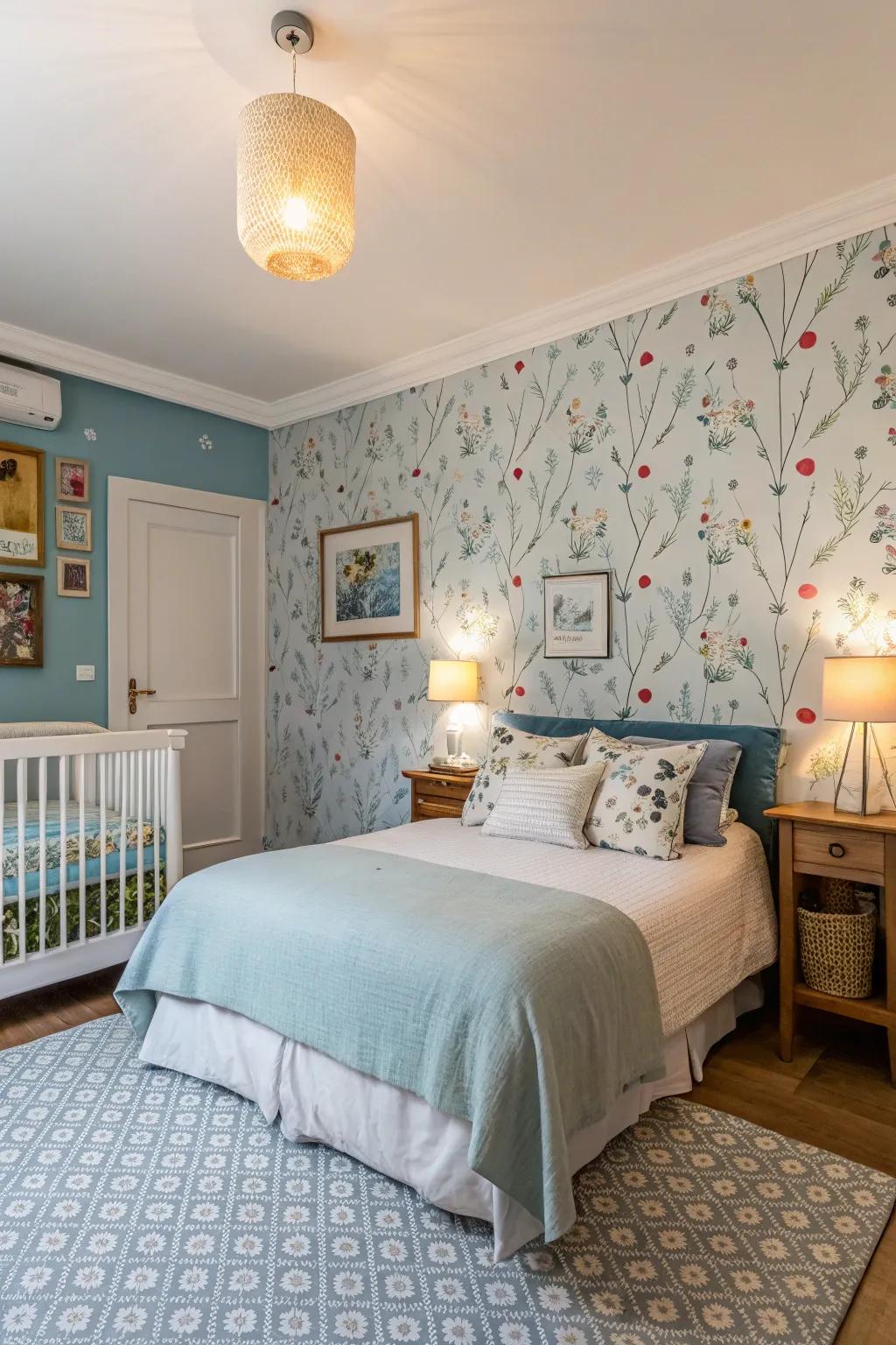 A striking accent wall introduces character to a peaceful pale sky bedroom.