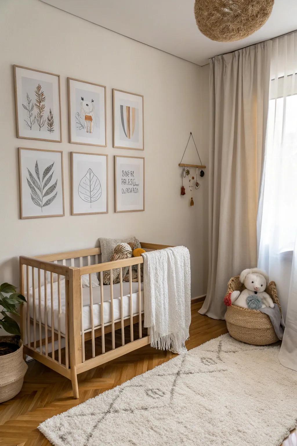 Wall art adds a personal feel to the baby area, making it feel unique and inviting.