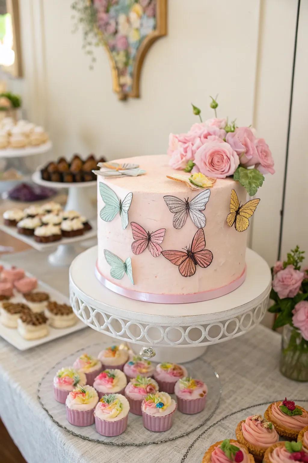 A pastel butterfly cake functioning as an eye-catching centerpiece.