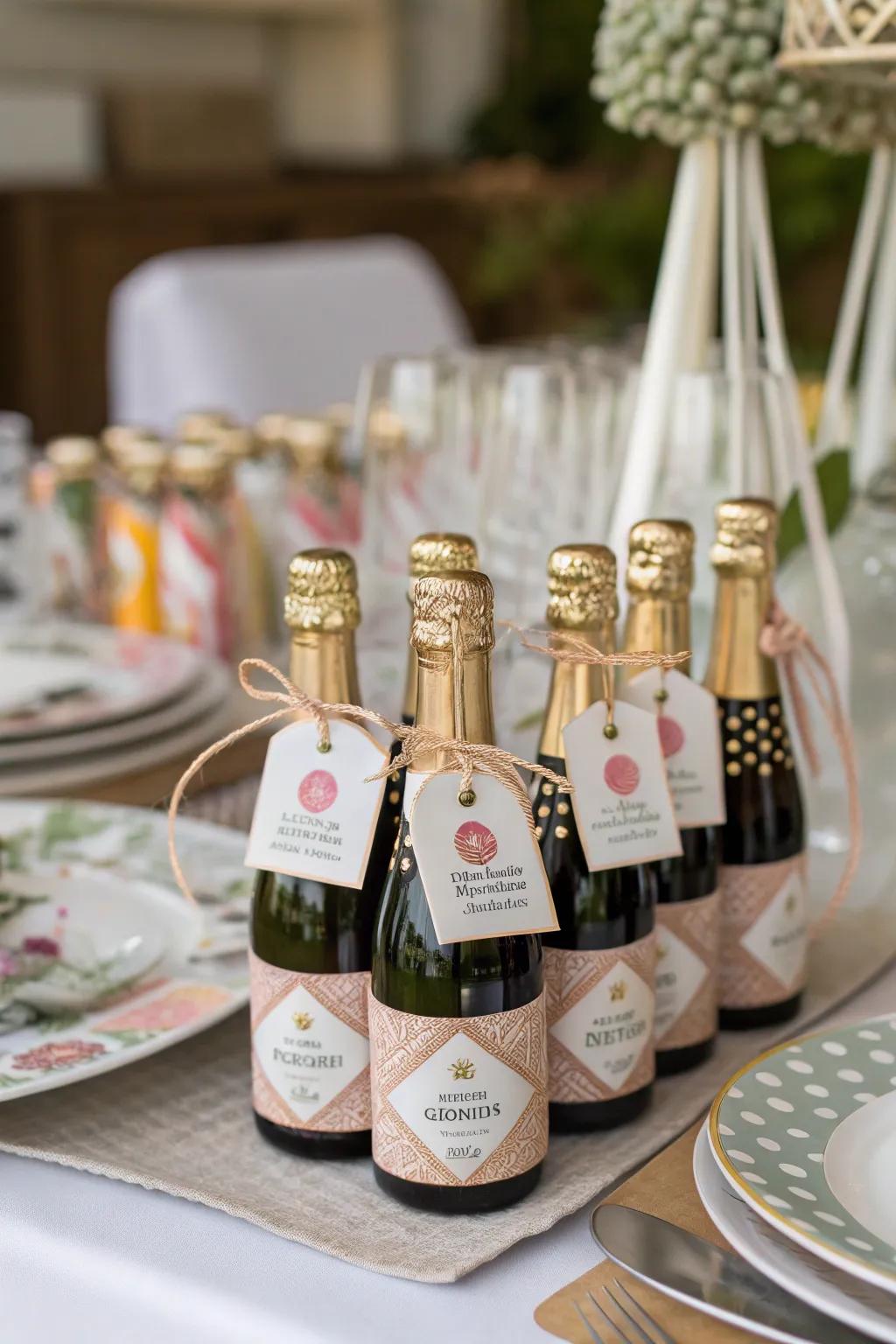 Mini bubbly bottles add a festive touch.