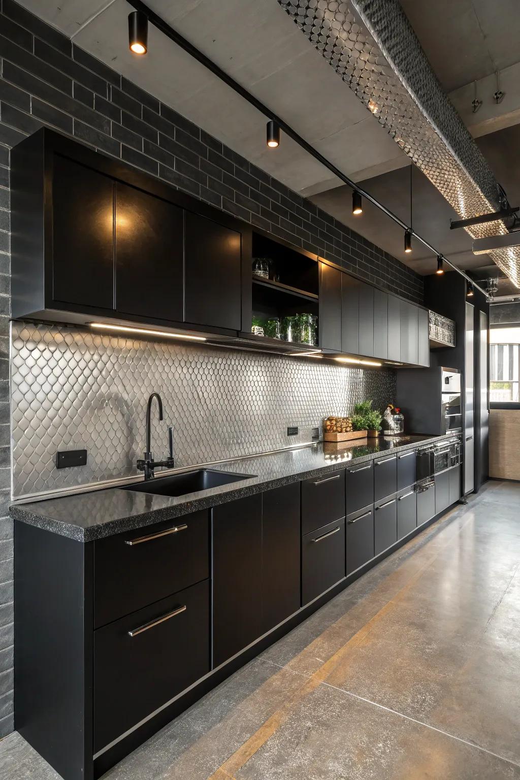 Silver finish backsplashes add a contemporary and industrial touch.