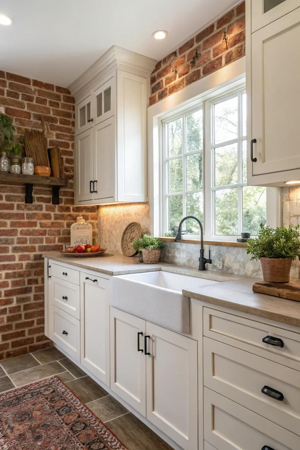 Clay brick backsplash enhances with warmth and a rustic feel