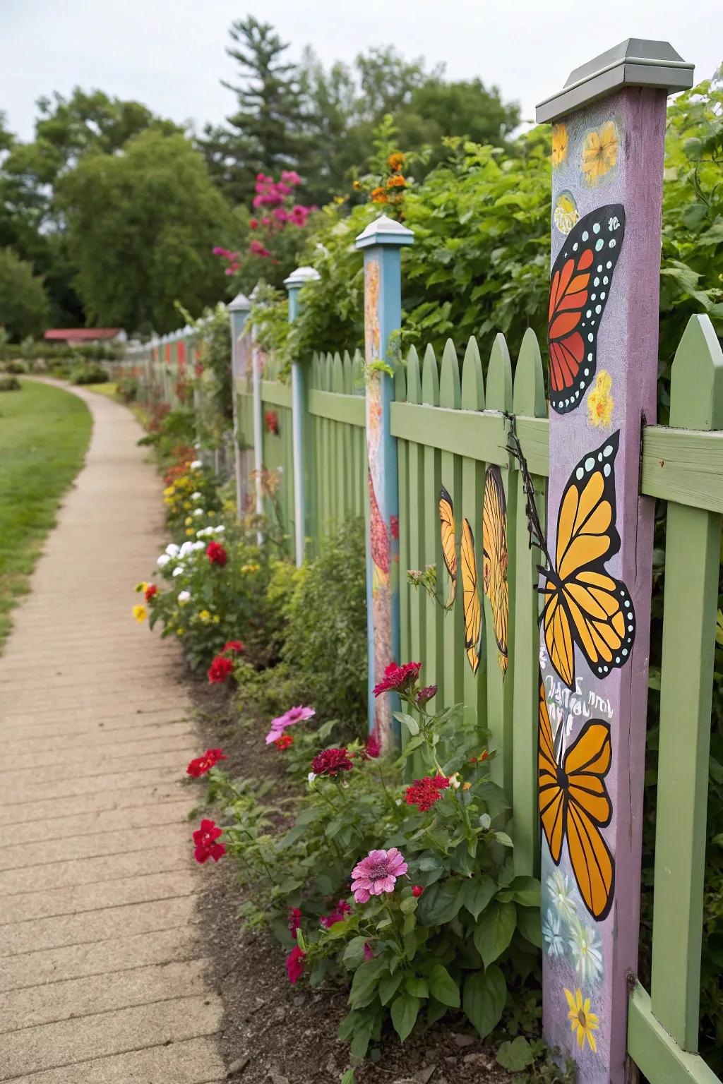 Butterflies enhance the playful charm of a flower-adorned backyard fence.