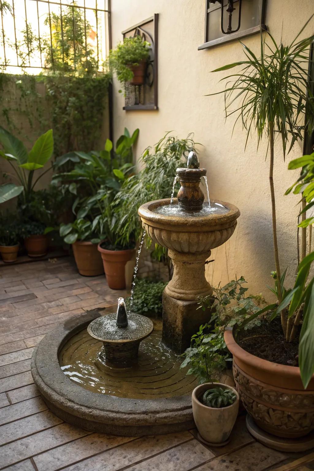 Suited for compact spaces, a self-reliant cascade enriches any patio.