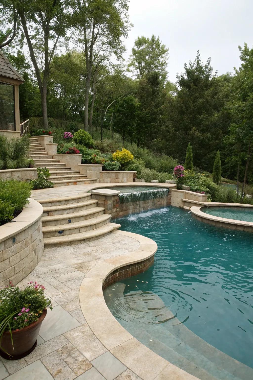 A visually stunning multi-level pool design.