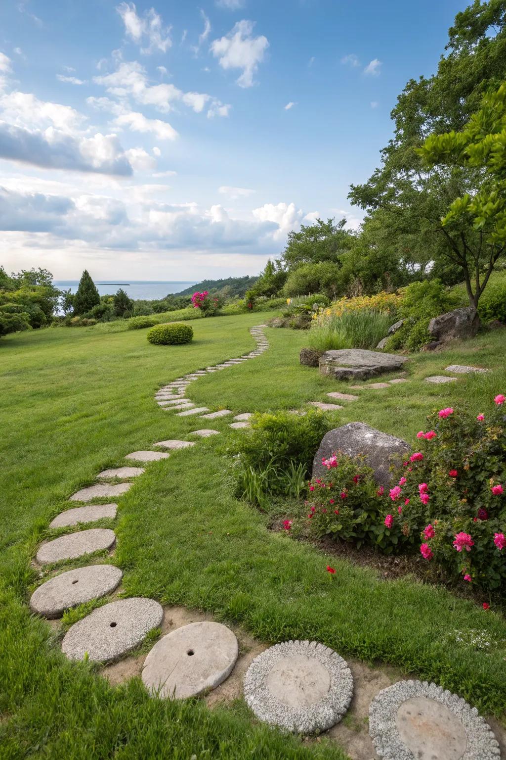 Encircling designs append artistic spirit to stepping stone trails.