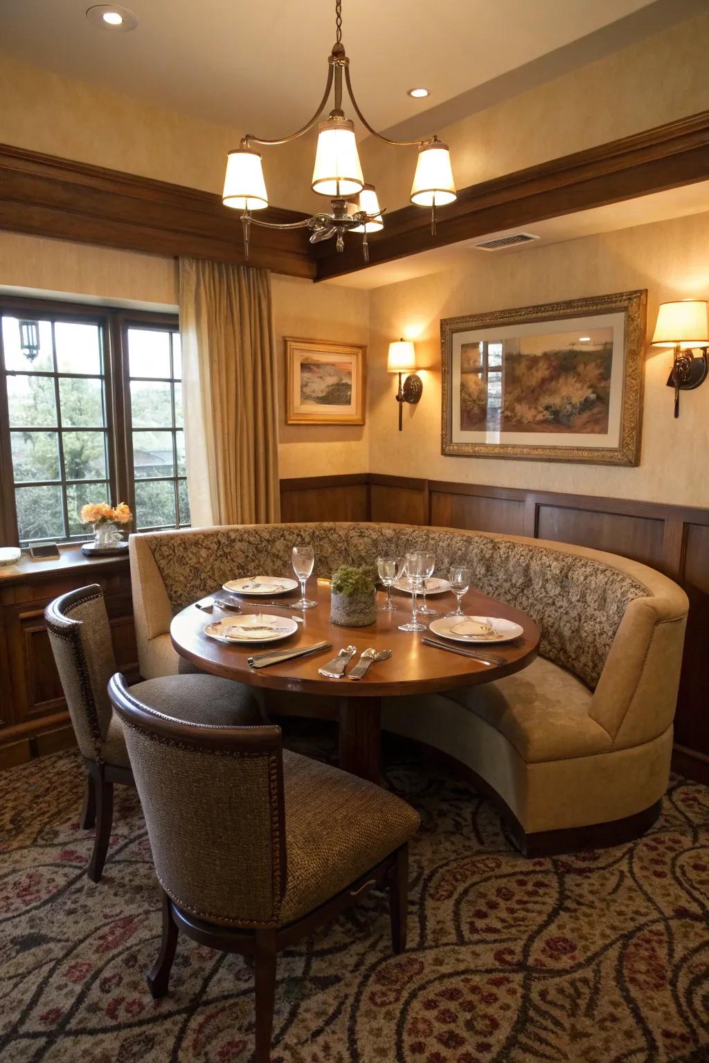 A cozy dining area features round banquette seating, perfect for close gatherings.