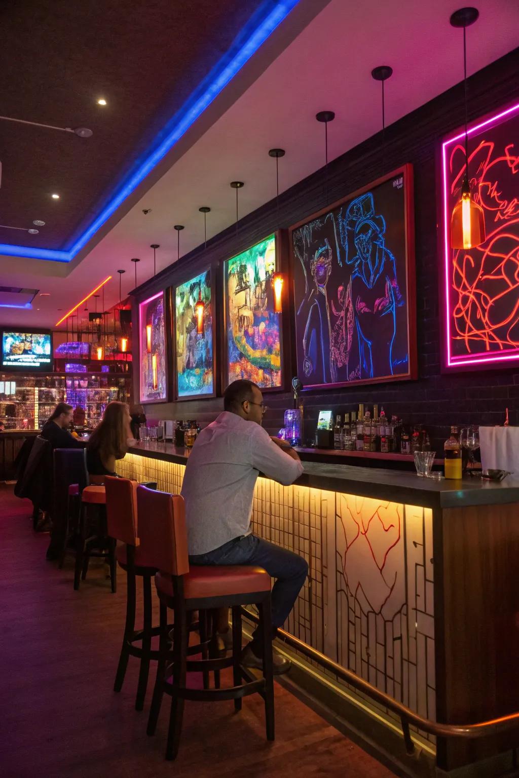 Art inspired by neon lights adds a dynamic glow to your bar.