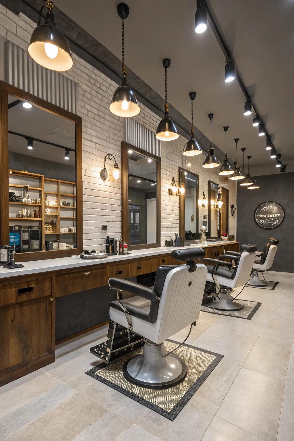 Simple lighting achieving a tidy and current barbershop setting.