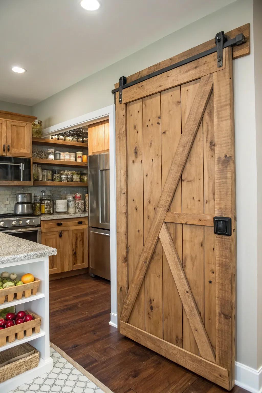 A kitchen showcasing a DIY sliding barn door pantry constructed from reclaimed timber.