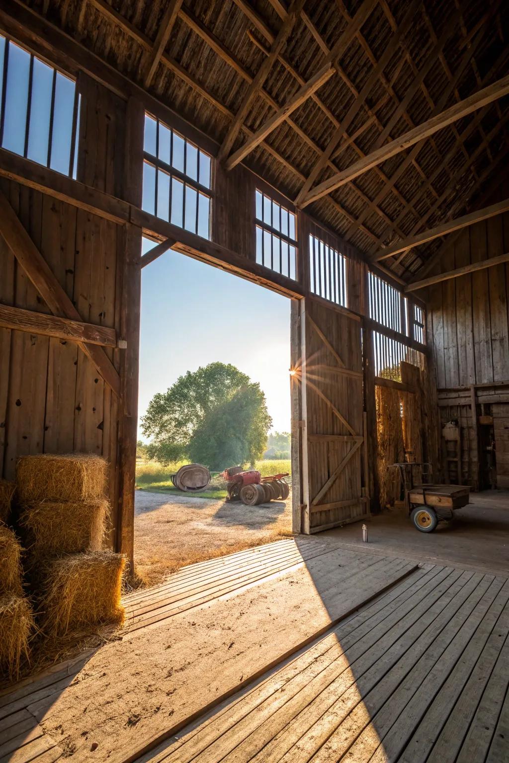 Expansive barn entrances draw in natural light and fashion a welcoming atmosphere.