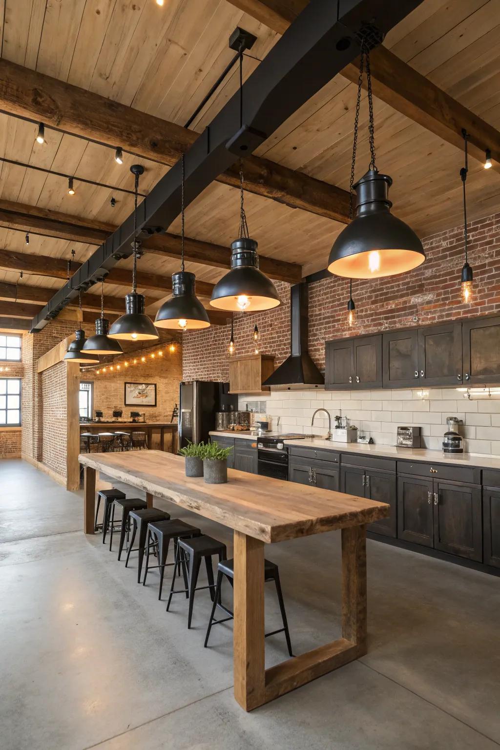 Industrial lighting creates a sharp contrast with rustic elements.
