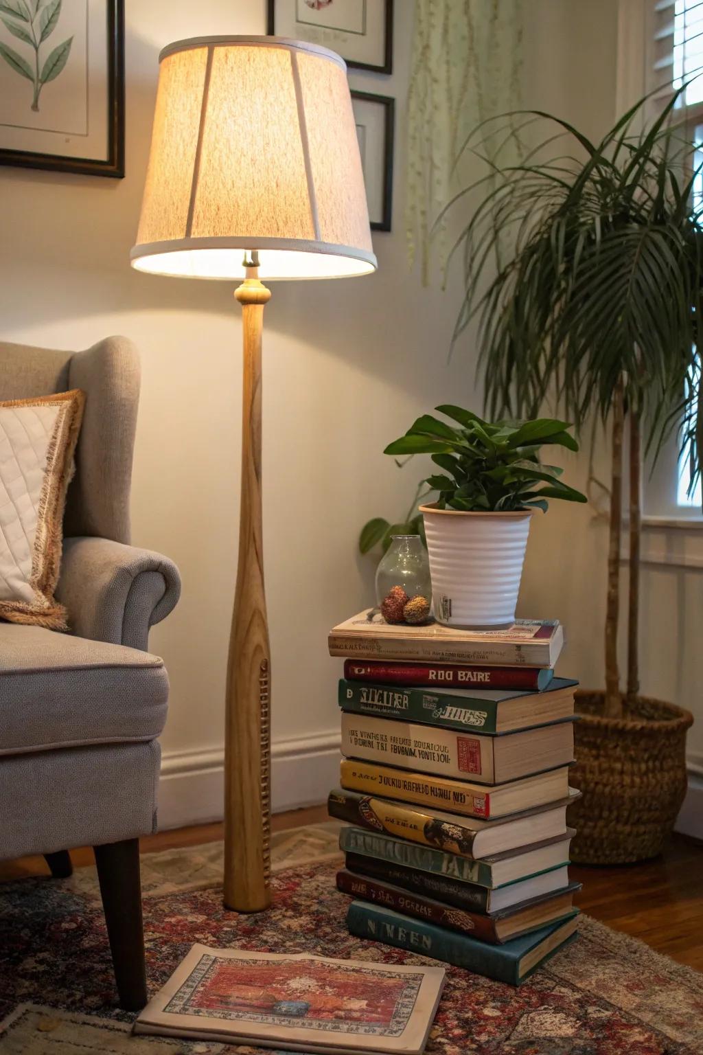 A baseball bat gives character to a lamp base.
