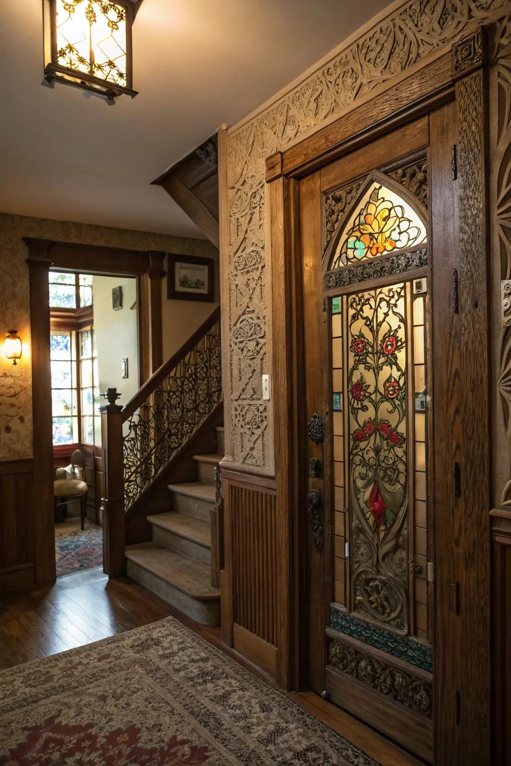 Decorative details on a basement door lend charm and sophistication.