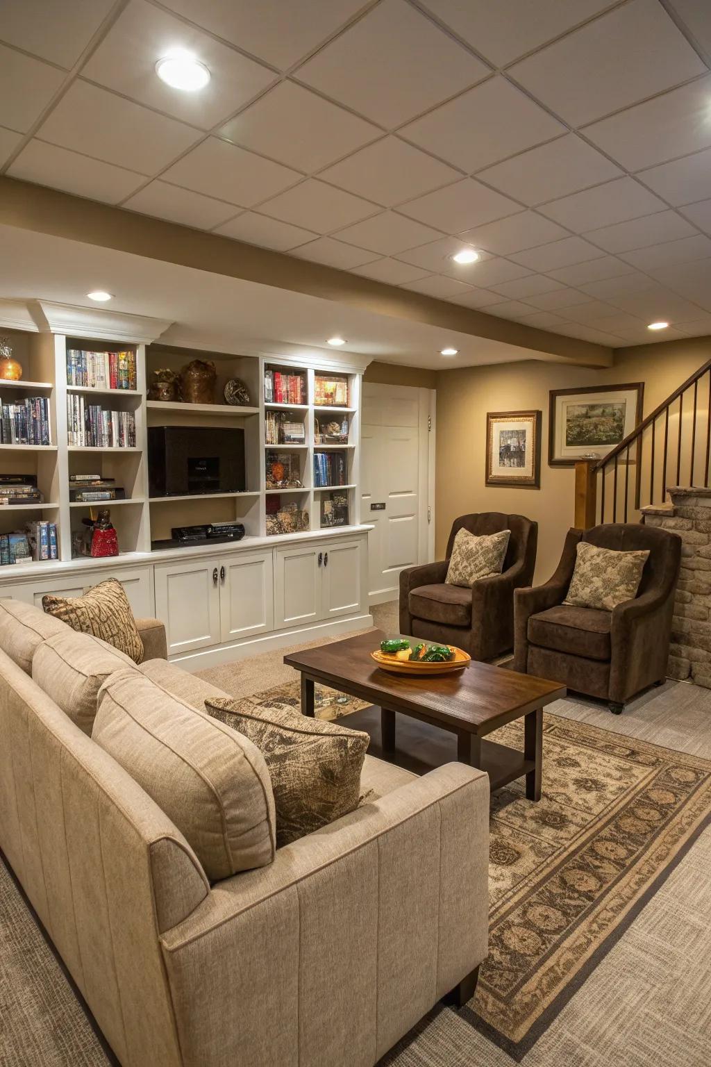 A dual-purpose basement area enhances comfort and practicality.