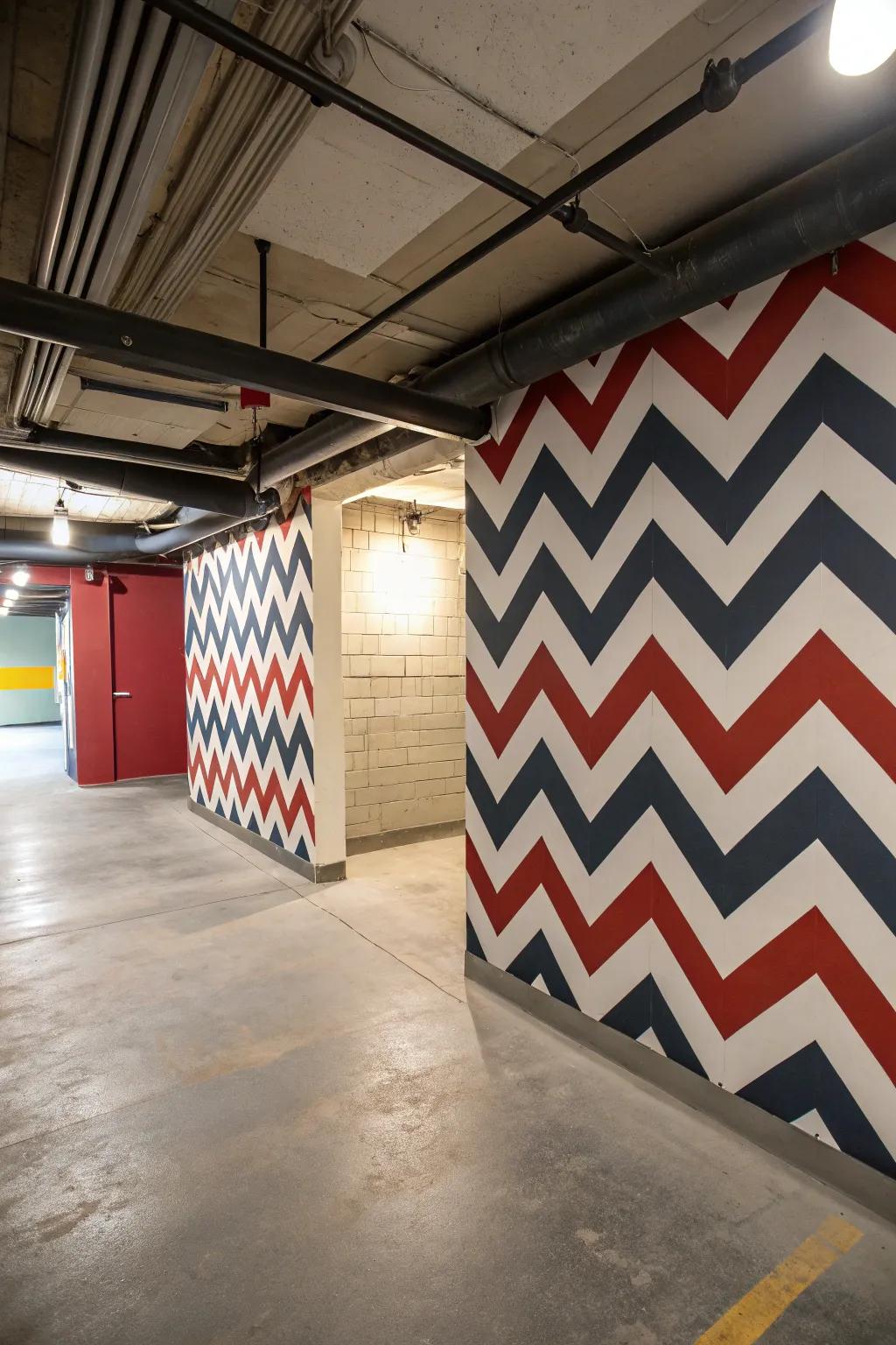 Basement walls gain vitality and flair from striking patterns like chevron.